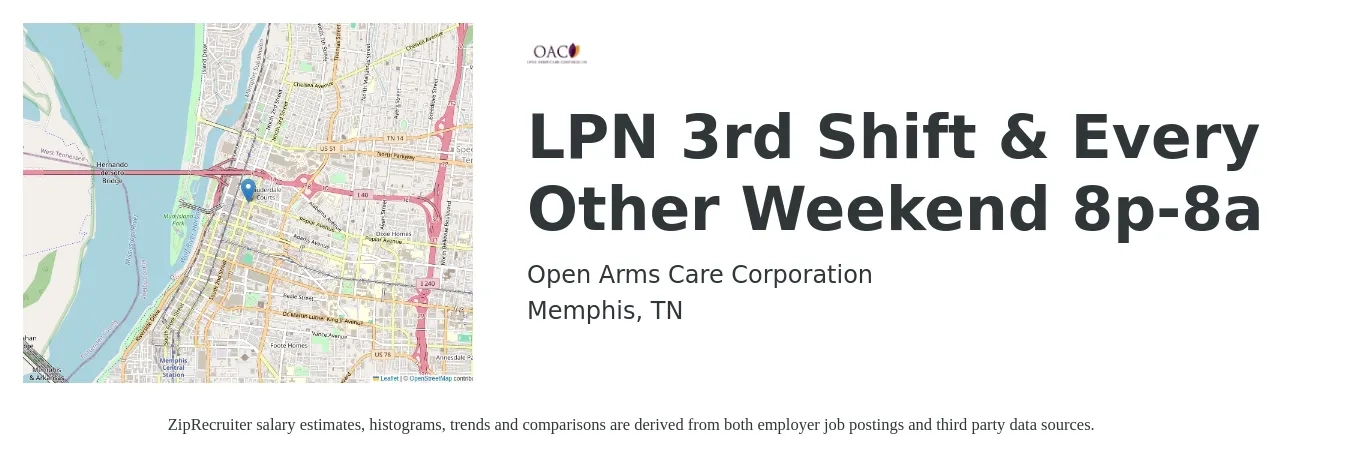 Open Arms Care Corporation job posting for a LPN 3rd Shift & Every Other Weekend 8p-8a in Memphis, TN with a salary of $24 to $27 Hourly with a map of Memphis location.
