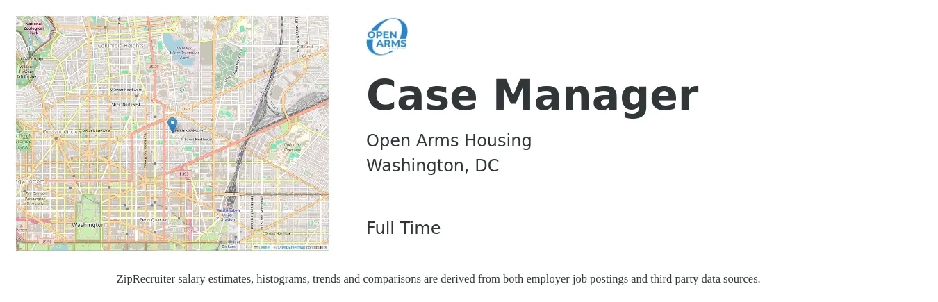Open Arms Housing job posting for a Case Manager in Washington, DC with a salary of $47,000 to $53,000 Yearly with a map of Washington location.