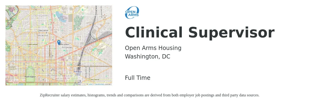 Open Arms Housing job posting for a Clinical Supervisor in Washington, DC with a salary of $75,000 to $85,000 Yearly with a map of Washington location.