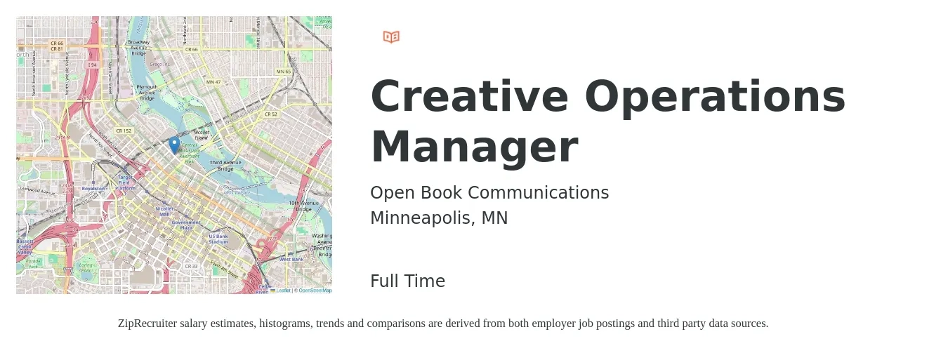 Open Book Communications job posting for a Creative Operations Manager in Minneapolis, MN with a salary of $42,600 to $80,500 Yearly with a map of Minneapolis location.