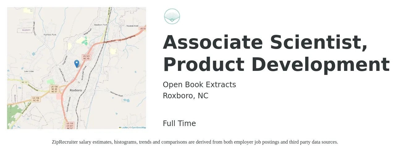 Open Book Extracts job posting for a Associate Scientist, Product Development in Roxboro, NC with a salary of $60,700 to $83,100 Yearly with a map of Roxboro location.