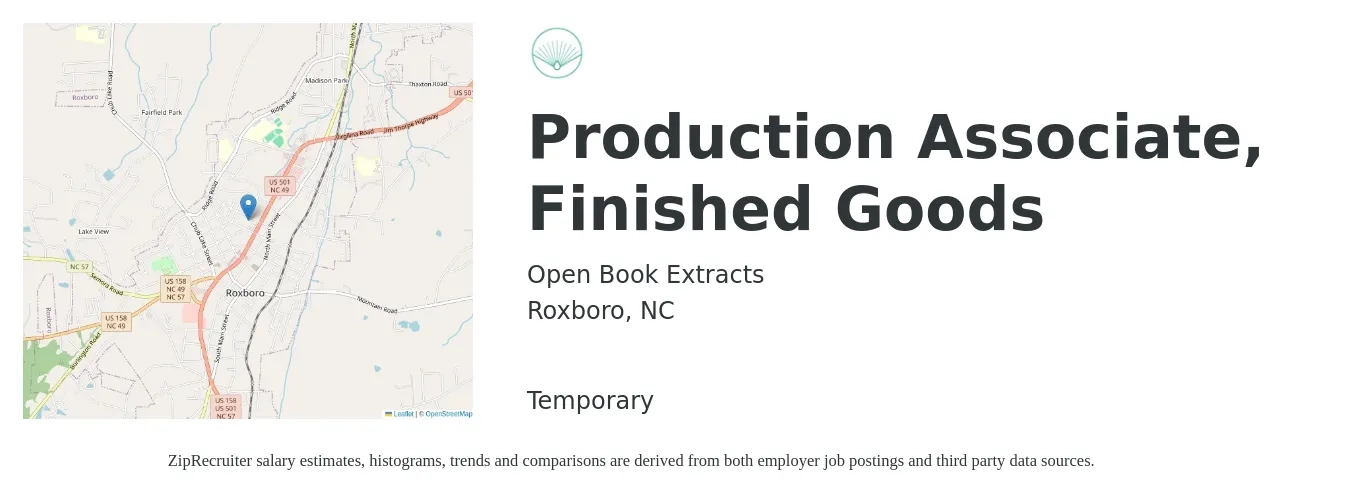 Open Book Extracts job posting for a Production Associate, Finished Goods in Roxboro, NC with a salary of $13 to $17 Hourly with a map of Roxboro location.