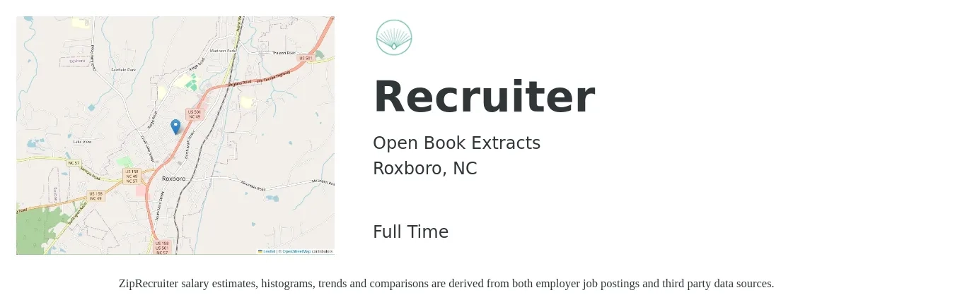 Open Book Extracts job posting for a Recruiter in Roxboro, NC with a salary of $18 to $29 Hourly with a map of Roxboro location.