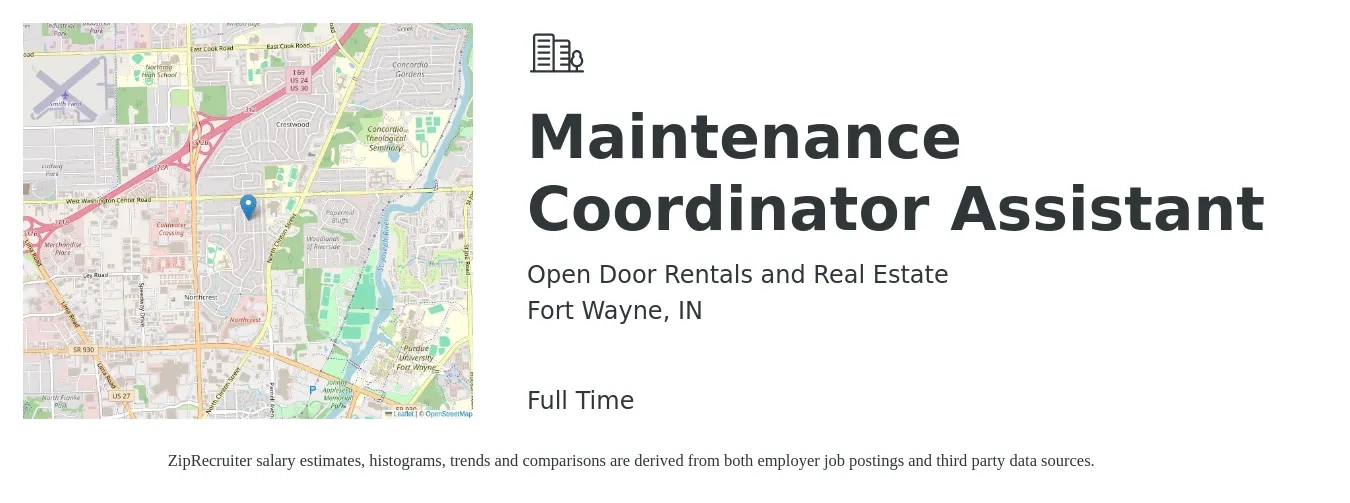 Open Door Rentals and Real Estate job posting for a Maintenance Coordinator Assistant in Fort Wayne, IN with a salary of $16 Hourly with a map of Fort Wayne location.
