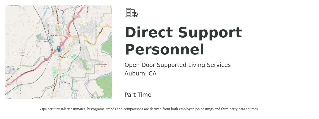Open Door Supported Living Services job posting for a Direct Support Personnel in Auburn, CA with a salary of $16 to $20 Hourly with a map of Auburn location.