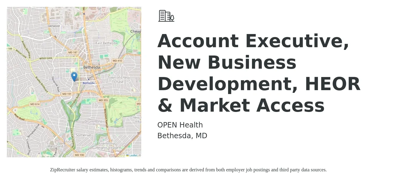 OPEN Health job posting for a Account Executive, New Business Development, HEOR & Market Access in Bethesda, MD with a salary of $53,500 to $81,300 Yearly with a map of Bethesda location.