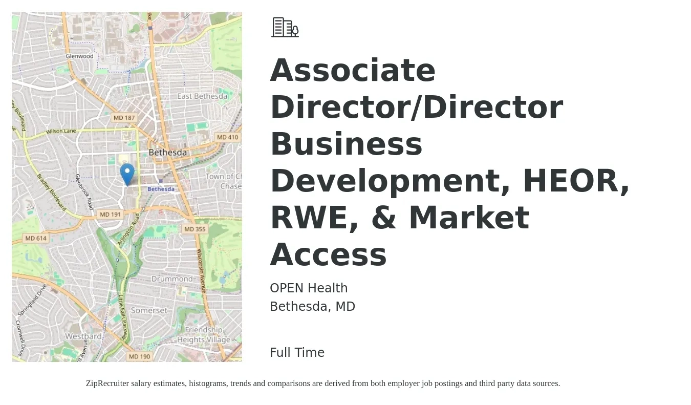 OPEN Health job posting for a Associate Director/Director Business Development, HEOR, RWE, & Market Access in Bethesda, MD with a salary of $90,400 to $150,900 Yearly with a map of Bethesda location.