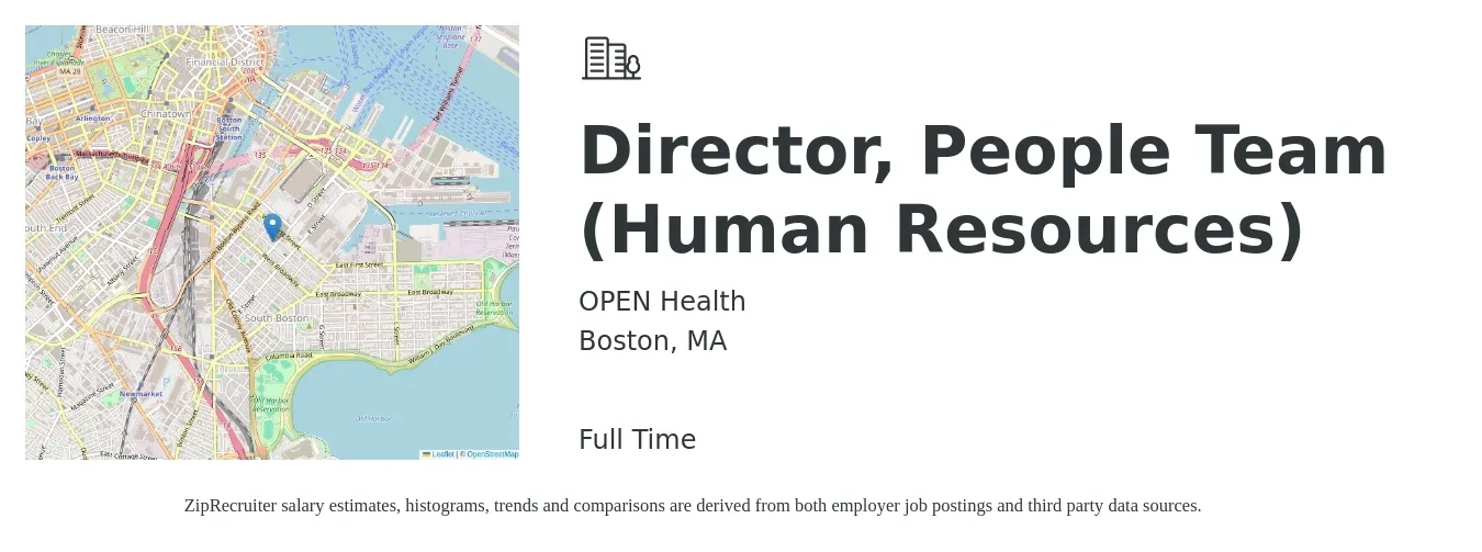 OPEN Health job posting for a Director, People Team (Human Resources) in Boston, MA with a salary of $96,100 to $148,300 Yearly with a map of Boston location.