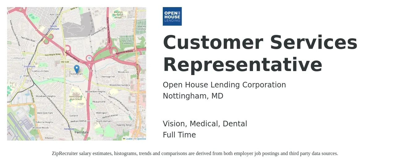 Open House Lending Corporation job posting for a Customer Services Representative in Nottingham, MD with a salary of $16 to $22 Hourly and benefits including medical, retirement, vision, and dental with a map of Nottingham location.