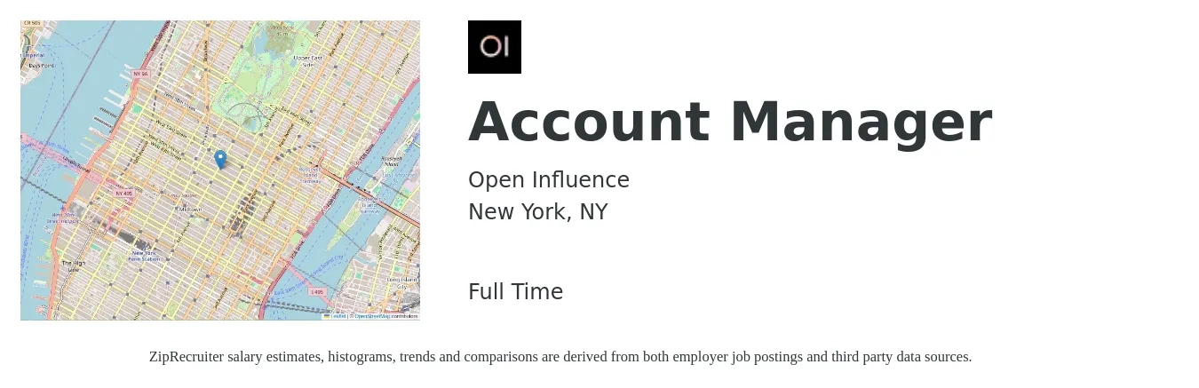 Open Influence job posting for a Account Manager in New York, NY with a salary of $52,500 to $85,900 Yearly with a map of New York location.