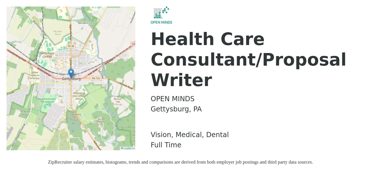 OPEN MINDS job posting for a Health Care Consultant/Proposal Writer in Gettysburg, PA with a salary of $65,800 to $93,800 Yearly and benefits including life_insurance, medical, retirement, vision, and dental with a map of Gettysburg location.