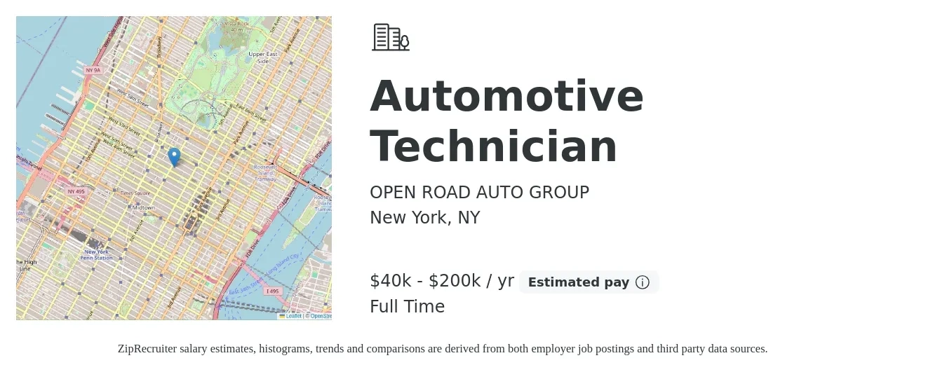 OPEN ROAD AUTO GROUP job posting for a Automotive Technician in New York, NY with a salary of $40,000 to $200,000 Yearly with a map of New York location.