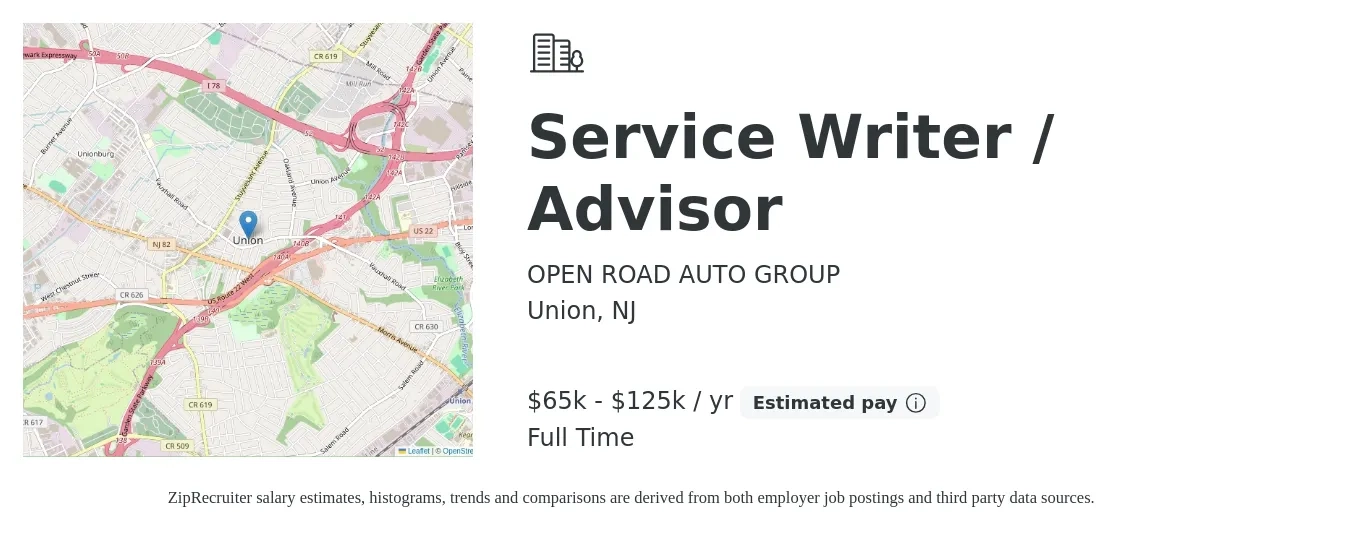 OPEN ROAD AUTO GROUP job posting for a Service Writer / Advisor in Union, NJ with a salary of $65,000 to $125,000 Yearly with a map of Union location.
