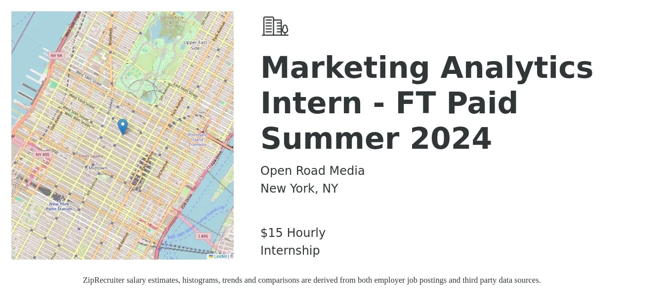 Open Road Media job posting for a Marketing Analytics Intern - FT Paid Summer 2024 in New York, NY with a salary of $16 Hourly with a map of New York location.