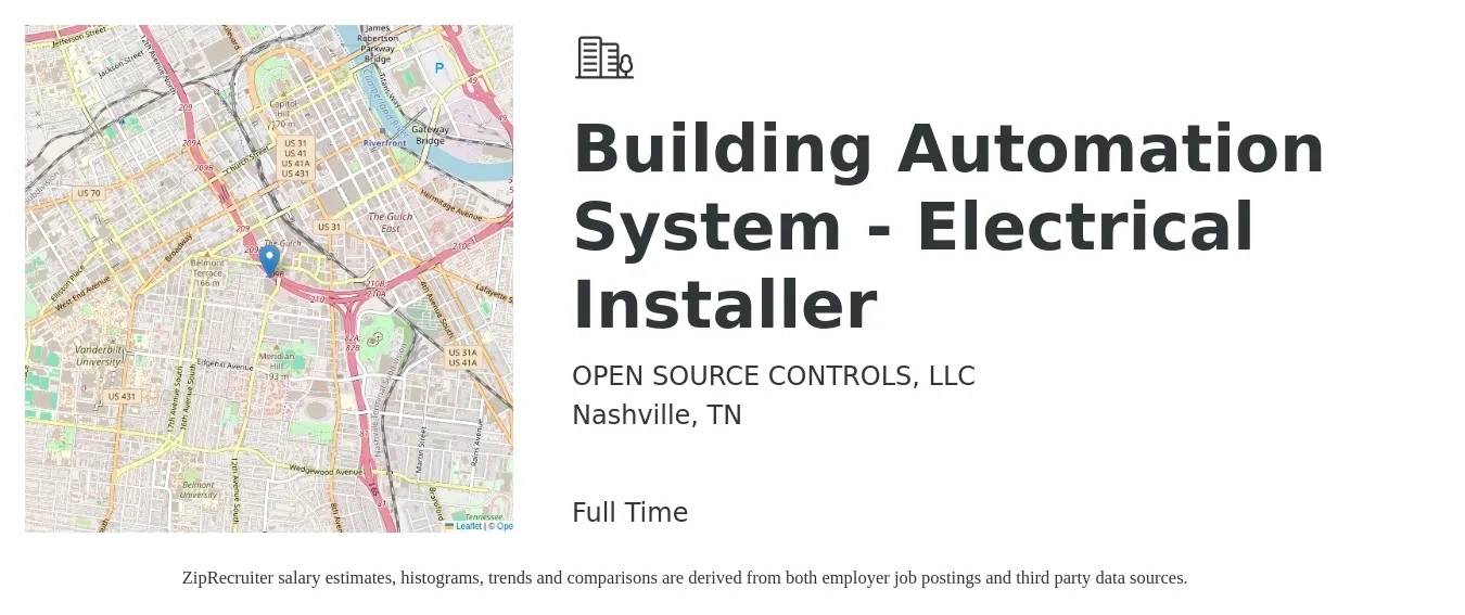 OPEN SOURCE CONTROLS, LLC job posting for a Building Automation System - Electrical Installer in Nashville, TN with a salary of $18 to $27 Hourly with a map of Nashville location.