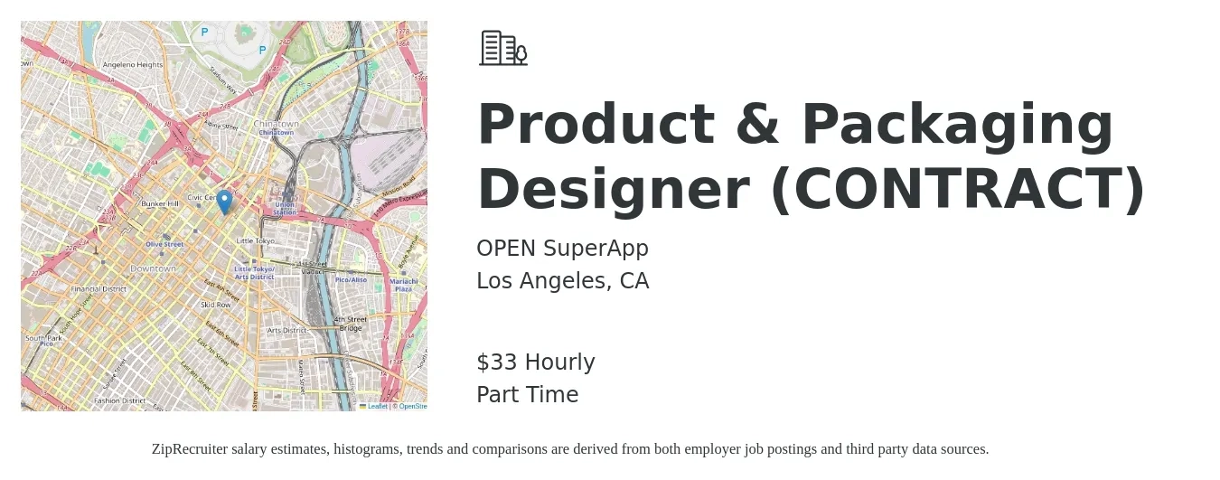 OPEN SuperApp job posting for a Product & Packaging Designer (CONTRACT) in Los Angeles, CA with a salary of $35 Hourly with a map of Los Angeles location.