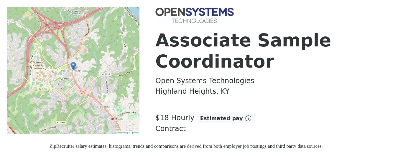 Open Systems Technologies job posting for a Associate Sample Coordinator in Highland Heights, KY with a salary of $19 Hourly with a map of Highland Heights location.
