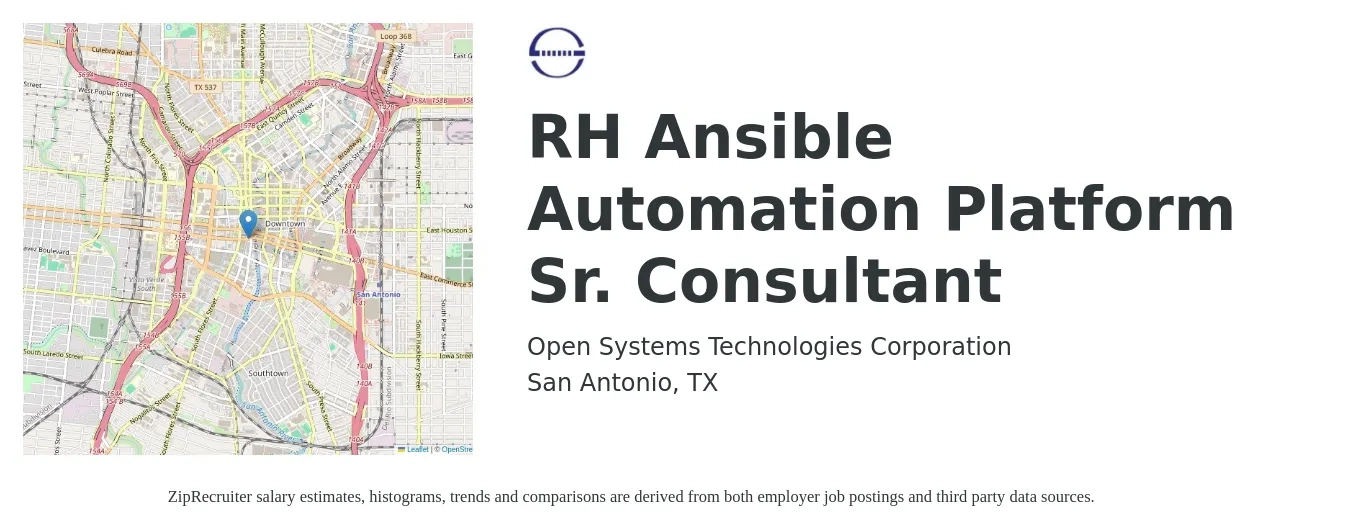 Open Systems Technologies Corporation job posting for a RH Ansible Automation Platform Sr. Consultant in San Antonio, TX with a salary of $42 to $59 Hourly with a map of San Antonio location.