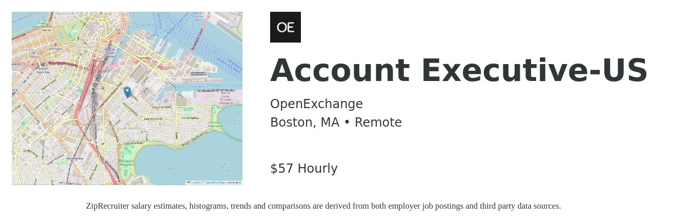 OpenExchange job posting for a Account Executive-US in Boston, MA with a salary of $60 Hourly with a map of Boston location.