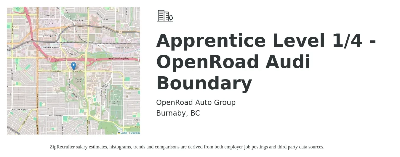 OpenRoad Auto Group job posting for a Apprentice Level 1/4 - OpenRoad Audi Boundary in Burnaby, BC with a map of Burnaby location.