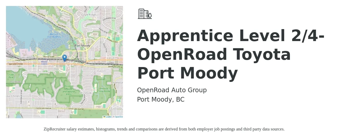 OpenRoad Auto Group job posting for a Apprentice Level 2/4- OpenRoad Toyota Port Moody in Port Moody, BC with a salary of $20 to $23 Hourly with a map of Port Moody location.