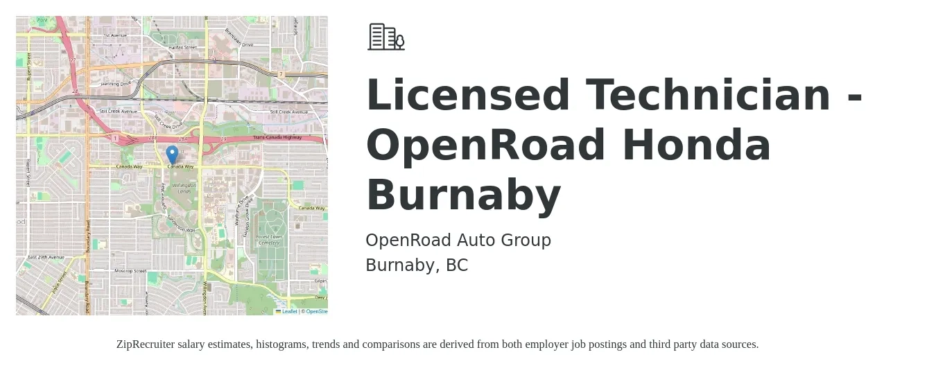 OpenRoad Auto Group job posting for a Licensed Technician - OpenRoad Honda Burnaby in Burnaby, BC with a salary of $35 to $40 Hourly with a map of Burnaby location.