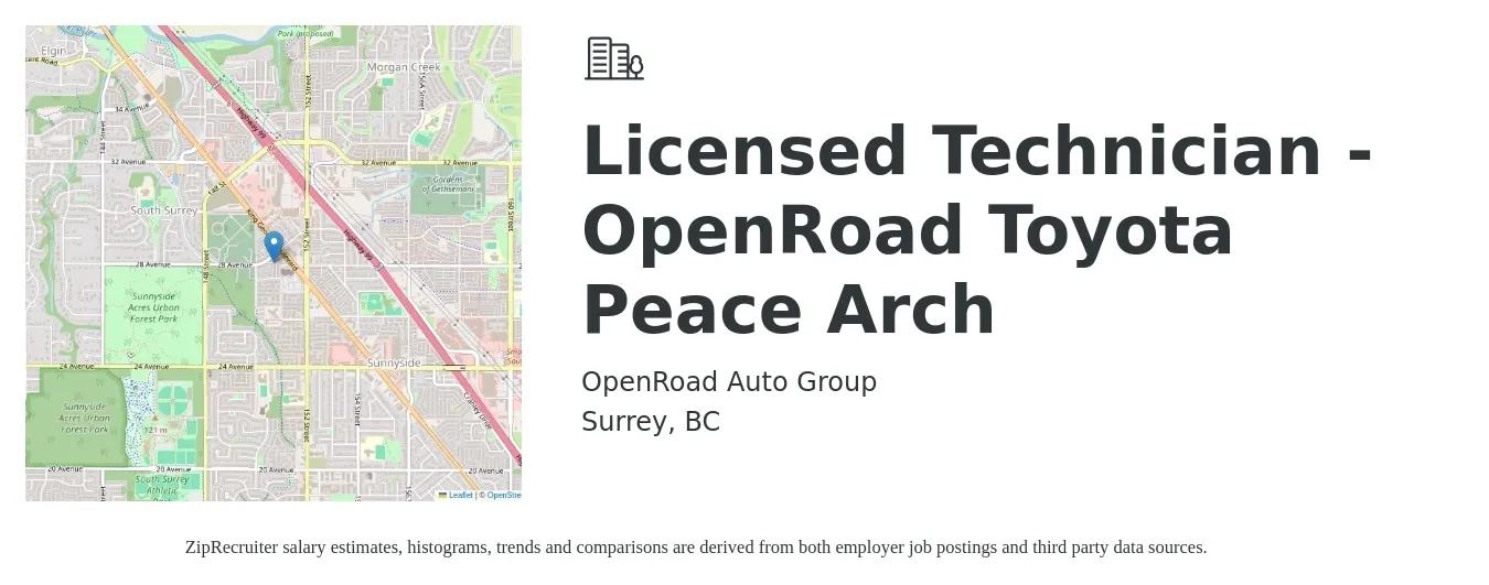 OpenRoad Auto Group job posting for a Licensed Technician - OpenRoad Toyota Peace Arch in Surrey, BC with a salary of $38 Hourly with a map of Surrey location.