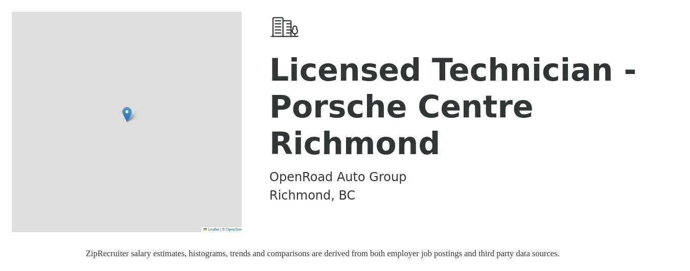 OpenRoad Auto Group job posting for a Licensed Technician - Porsche Centre Richmond in Richmond, BC with a salary of $42 to $52 Hourly with a map of Richmond location.