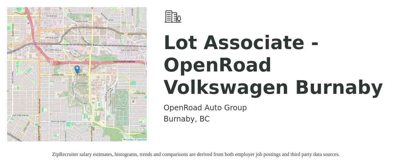 OpenRoad Auto Group job posting for a Lot Associate - OpenRoad Volkswagen Burnaby in Burnaby, BC with a salary of $17 to $19 Hourly with a map of Burnaby location.