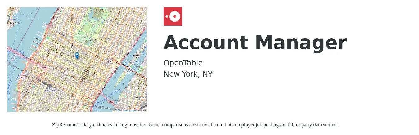 OpenTable job posting for a Account Manager in New York, NY with a salary of $70,000 to $80,000 Yearly with a map of New York location.