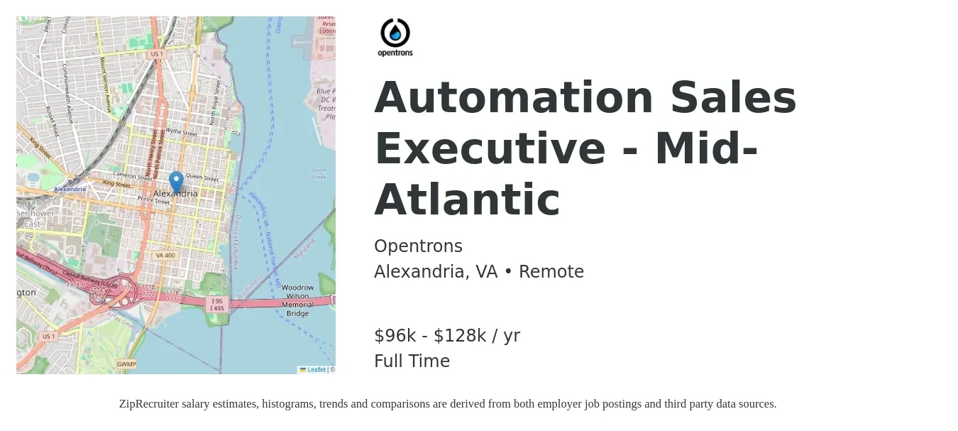 Opentrons job posting for a Automation Sales Executive - Mid-Atlantic in Alexandria, VA with a salary of $96,000 to $128,000 Yearly with a map of Alexandria location.