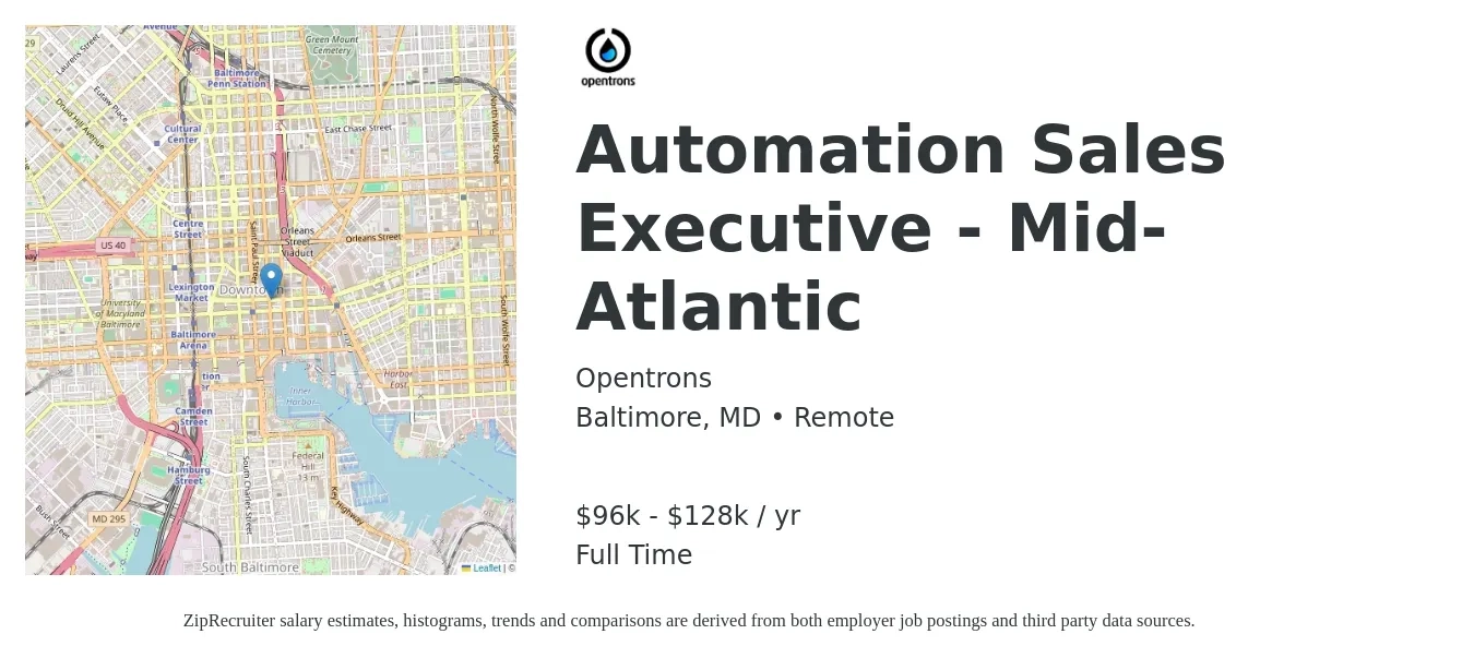 Opentrons job posting for a Automation Sales Executive - Mid-Atlantic in Baltimore, MD with a salary of $96,000 to $128,000 Yearly with a map of Baltimore location.