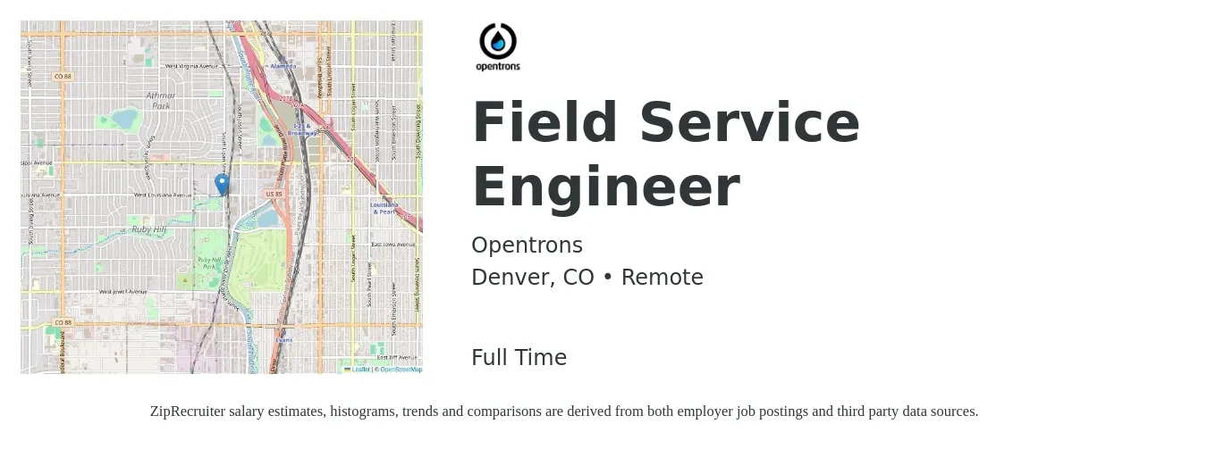 Opentrons job posting for a Field Service Engineer in Denver, CO with a salary of $85,000 to $100,000 Yearly with a map of Denver location.