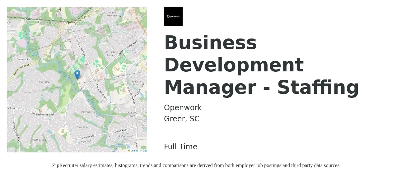 Openwork job posting for a Business Development Manager - Staffing in Greer, SC with a salary of $58,700 to $96,100 Yearly with a map of Greer location.