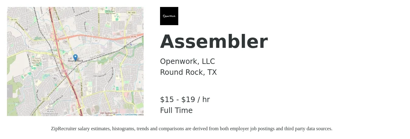 Openwork, LLC job posting for a Assembler in Round Rock, TX with a salary of $16 to $20 Hourly with a map of Round Rock location.