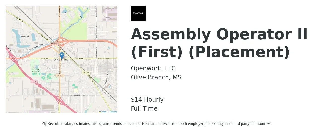 Openwork, LLC job posting for a Assembly Operator II (First) (Placement) in Olive Branch, MS with a salary of $16 Hourly with a map of Olive Branch location.