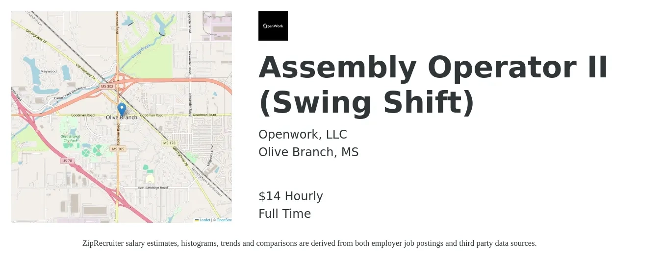 Openwork, LLC job posting for a Assembly Operator II (Swing Shift) in Olive Branch, MS with a salary of $16 Hourly with a map of Olive Branch location.