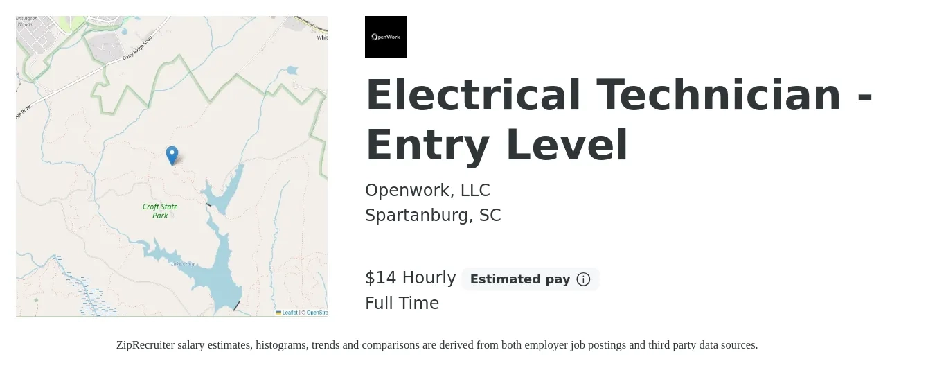 Openwork job posting for a Electrical Technician - Entry Level in Spartanburg, SC with a salary of $15 Hourly with a map of Spartanburg location.