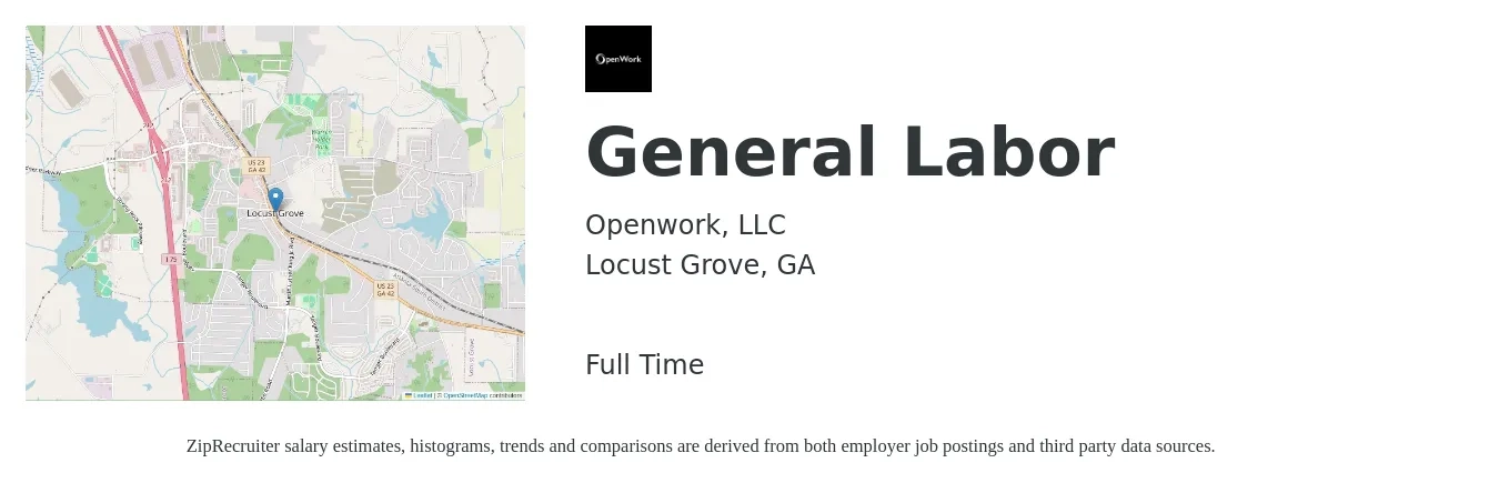 Openwork, LLC job posting for a General Labor in Locust Grove, GA with a salary of $14 to $18 Hourly with a map of Locust Grove location.