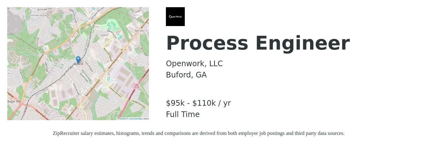 Openwork, LLC job posting for a Process Engineer in Buford, GA with a salary of $95,000 to $110,000 Yearly with a map of Buford location.