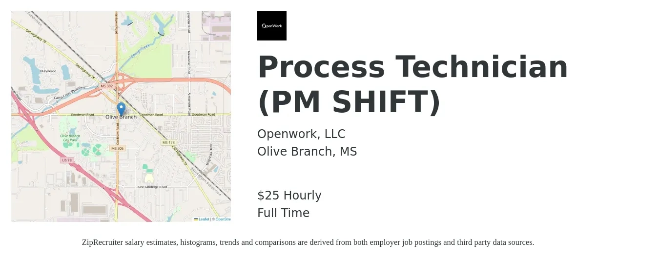 Openwork, LLC job posting for a Process Technician (PM SHIFT) in Olive Branch, MS with a salary of $27 Hourly with a map of Olive Branch location.