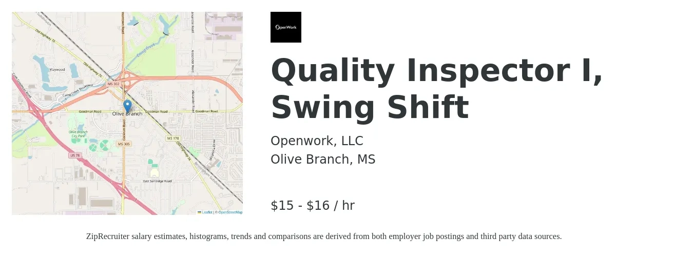 Openwork, LLC job posting for a Quality Inspector I, Swing Shift in Olive Branch, MS with a salary of $16 to $17 Hourly with a map of Olive Branch location.