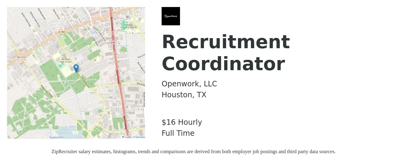 Openwork job posting for a Recruitment Coordinator in Houston, TX with a salary of $17 Hourly with a map of Houston location.