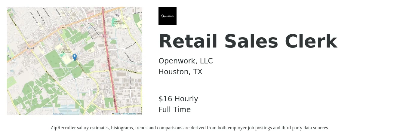 Openwork job posting for a Retail Sales Clerk in Houston, TX with a salary of $17 Hourly with a map of Houston location.