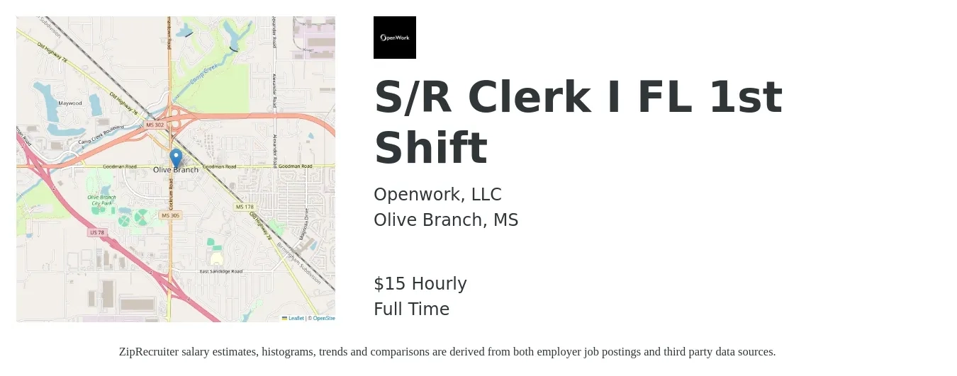 Openwork, LLC job posting for a S/R Clerk I FL 1st Shift in Olive Branch, MS with a salary of $16 Hourly with a map of Olive Branch location.