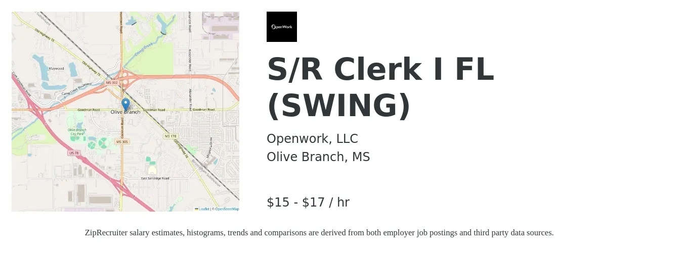 Openwork, LLC job posting for a S/R Clerk I FL (SWING) in Olive Branch, MS with a salary of $16 to $18 Hourly with a map of Olive Branch location.