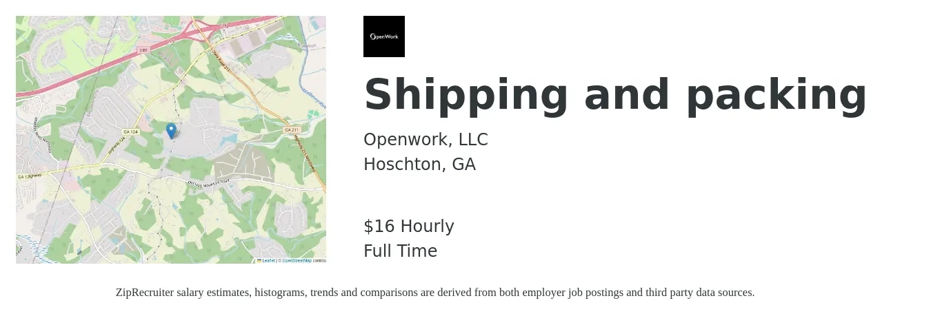 Openwork, LLC job posting for a Shipping and Packing in Hoschton, GA with a salary of $17 Hourly with a map of Hoschton location.