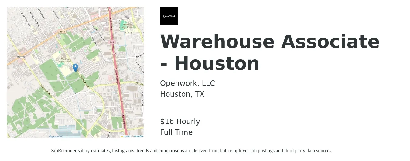 Openwork, LLC job posting for a Warehouse Associate - Houston in Houston, TX with a salary of $17 Hourly with a map of Houston location.