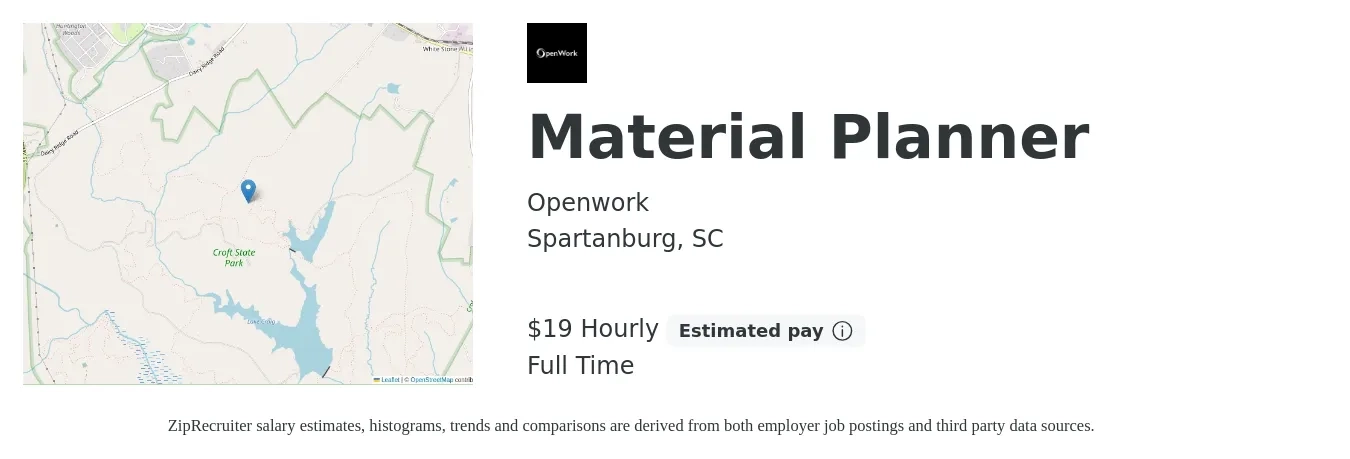 Openwork job posting for a Material Planner in Spartanburg, SC with a salary of $20 Hourly with a map of Spartanburg location.