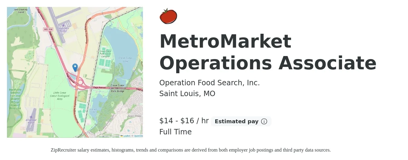 Operation Food Search, Inc. job posting for a MetroMarket Operations Associate in Saint Louis, MO with a salary of $15 to $17 Hourly with a map of Saint Louis location.